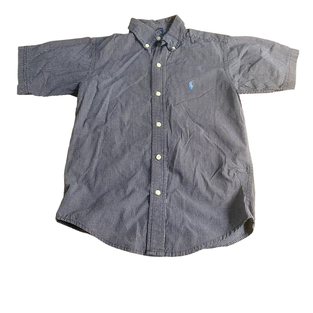 Ralph Lauren Button Down Kids Navy Excellent Short Sleeve Gingham SIZE 7